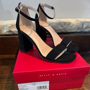 Kelly & Katie size 7.5 black sued heels with ankle strap.